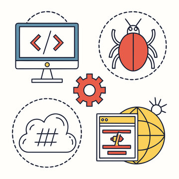 Web engineering collection featuring monitor code cloud with hashtag bug circle gear and global browser window for application development lifecycle