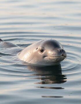 Vaquita porpoise emerging slightly above calm ocean surface