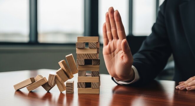 A person prevents a wooden tower from collapsing with outstretched hand