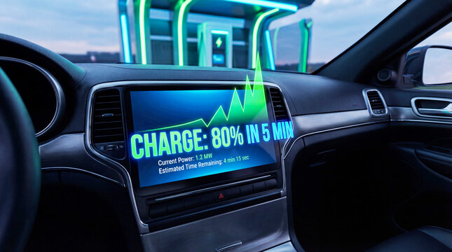 Electric car charging status displayed on dashboard screen at a high-speed station