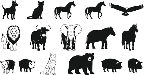 Obraz premium Vector Silhouette Illustration Collection Featuring Wild and Domestic Animals Including Lion Elephant Bear Horse Eagle Bull Pig Dog and Cat