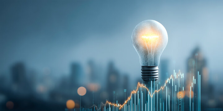Innovative business idea visualized as glowing digital lightbulb built from financial charts representing strategic vision development and corporate growth