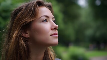 Naklejka premium A woman in profile gazes upwards thoughtfully amidst a serene natural park setting