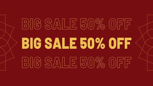Big sale 50 percent off discount promotion animated text for shopping and marketing 4K