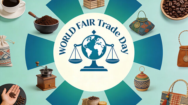 The World Fair Trade Day poster featuring elements of Earth scales and coffee handicrafts advocates for fair trade and promotes the development of vulnerable producers as a public welfare.

