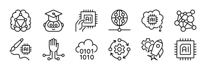 Fototapeta premium AI Technology thin line icon set. Machine Learning, Artificial Intelligence, Neural Network, Innovation concept. Black outline vector icons collection.