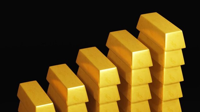 Stack gold bars forming an upward trend graph against black background with gold arrow, Concept of Investment, 4K 3d rendering
