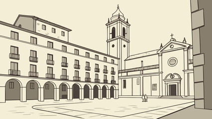 Minimal Spanish Plaza with Classic Buildings Flat Vector Illustration © MdSzzad