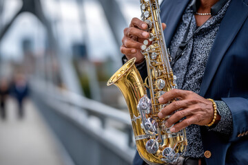 Fototapeta premium Musician playing saxophone on bridge in urban setting during daytime