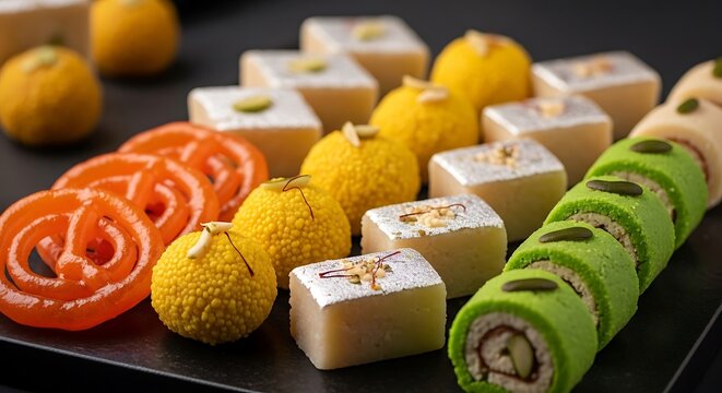 Close-up shot of various colorful Indian sweets including ladoo, jalebi, and barfi.
