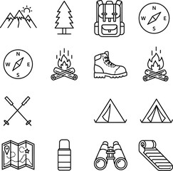Fototapeta premium Camping gear icons: backpack, boots, compass, map, tent, fire