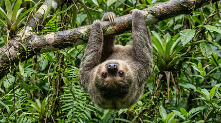Naklejka premium A captivating, detailed close-up of a three-toed sloth hanging upside down from a tropical tree branch, its curious gaze meeting the viewer in its lush rainforest habitat