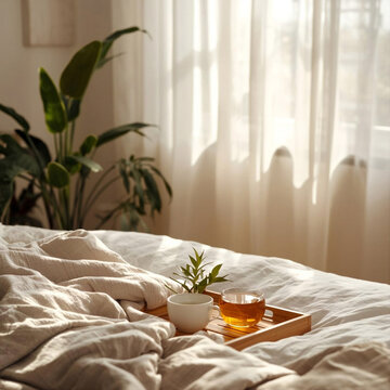 Warm morning light in cozy bedroom with tea tray, soft linen bedding and indoor plants