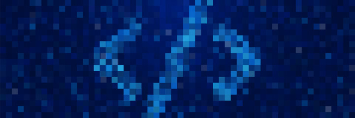 Fototapeta premium Blue pixel code brackets symbol digital coding concept and background. Developer cover background design.