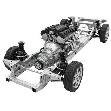 A detailed view of an engine compartment showcasing a modern vehicle's powertrain assembly