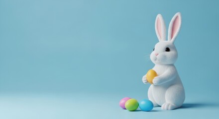 Obraz premium A cute white easter bunny rabbit holds a yellow egg, with colorful eggs on a blue background with room for text - copy space