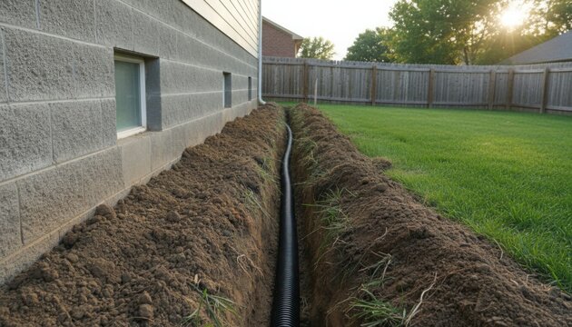 Black corrugated drainage pipe laid in narrow trench along concrete block foundation of residential house building