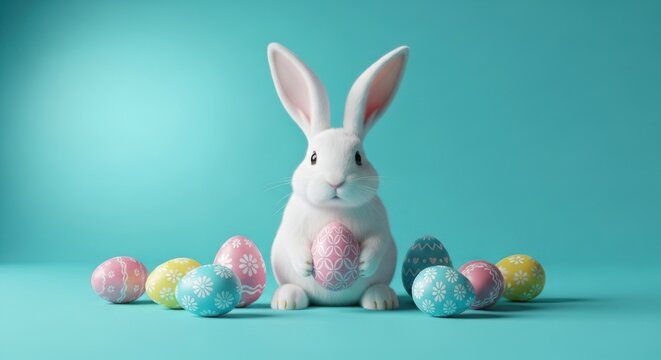 A cheerful white easter bunny rabbit  holds a pastel egg among colorful eggs on a bright teal background.