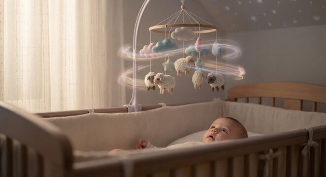 Cute newborn baby lying in wooden crib looking up at spinning sheep mobile with star projections in nursery.