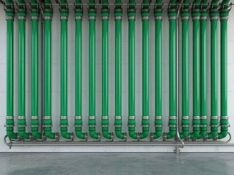 Vertical rows of green polypropylene (PPR) water pipes with heat-fused joints installed on a bright modern kitchen utility wall. Generative AI