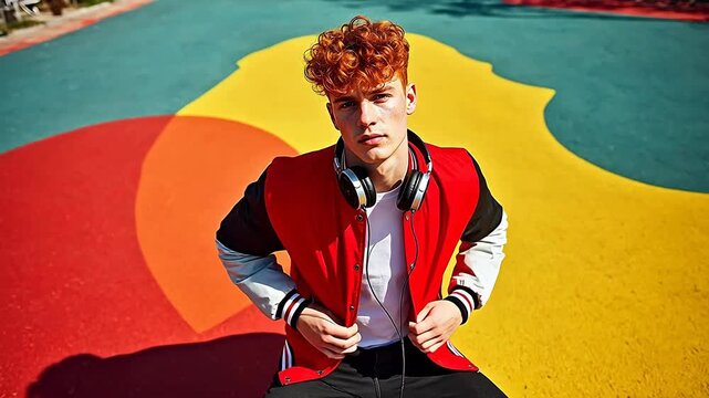 Young man in colorful outdoor setting