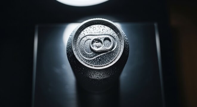 Close-up of a cold, metallic beverage container, droplets visible