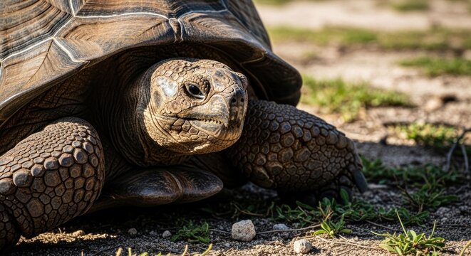 Close-up of a large tortoise with detailed shell and textured skin