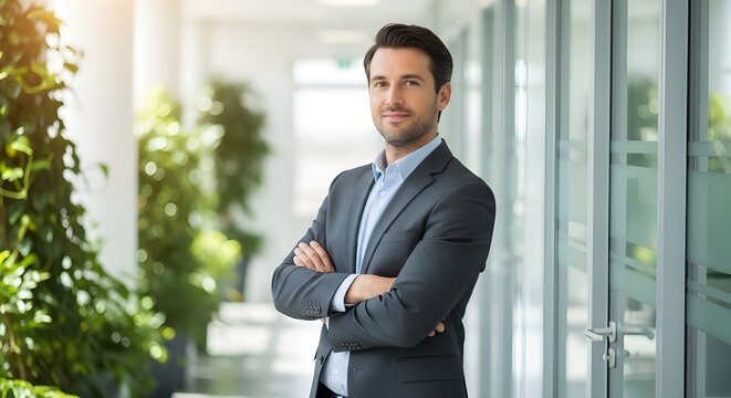 Feliz hombre ejecutivo propietario de una empresa gerente corporativo l&iacute;der en el cargo, hombre de negocios sonriente y confiado, entrenador profesional, usa gafas, se encuentra con los brazos cruzado