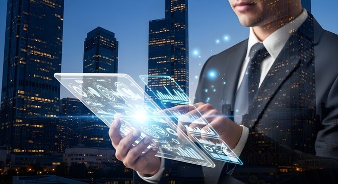 Concepto de inversi&oacute;n y financiaci&oacute;n empresarial.
 Doble exposici&oacute;n de un hombre de negocios que trabaja en una computadora port&aacute;til y en la ciudad, edificios de oficinas para negocios y experiencia e