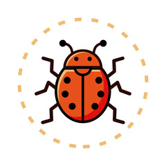Obraz premium A simple cartoon-style illustration of a ladybug (red beetle with black spots) centered inside a dashed circular outline.