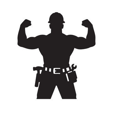 Strong construction worker silhouette flexing muscles and wearing tool belt for labor power.
