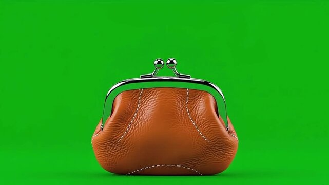 Brown Leather Coin Purse Isolated on Green Screen Background.