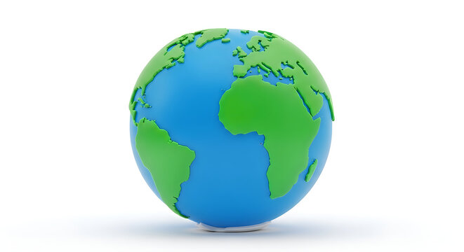 Stylized 3D globe with blue oceans and green continents on white background, representing earth, planet earth