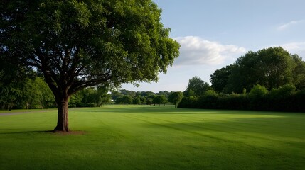 Fototapeta premium Lush green park landscape with a large tree casting shadows under a blue sky with clouds
