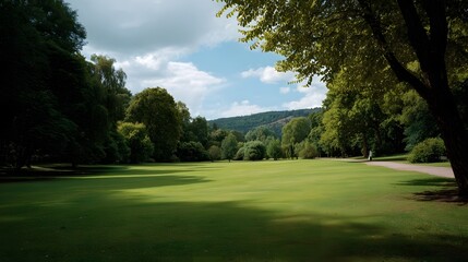 Fototapeta premium A vast manicured green lawn in a park with mature trees and a walking path under a bright cloudy sky and distant rolling hills