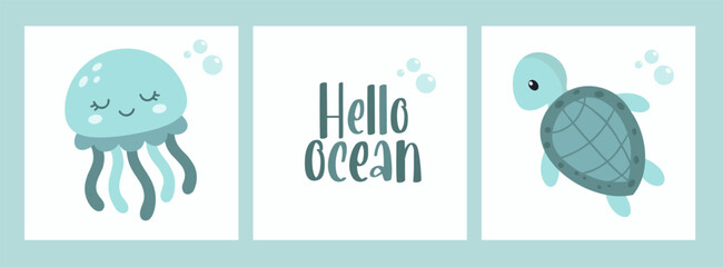 Ocean elements poster set with jellyfish shell and fish in minimal cartoon style © Felipe