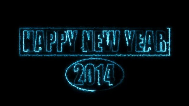 Electric Neon Happy New Year 2014 Text Glow on Black Background