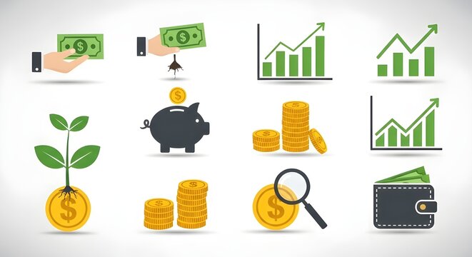 Conjunto de iconos de l&iacute;nea de beneficios financieros, iconos de trazo editables para ingresos monetarios, ahorros, efectivo, inversiones, billetes, intercambio, ingresos, crecimiento, econom&iacute;a, ilust