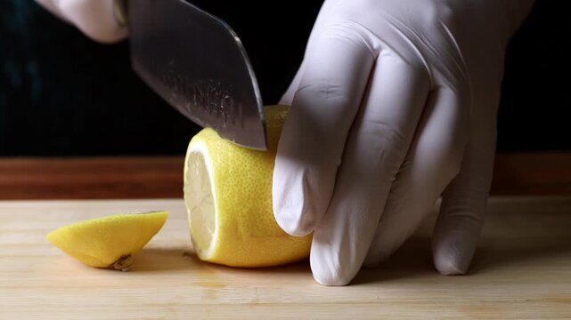 A cook cuts a lemon into wedges with a knife on a wooden board. Close-up.