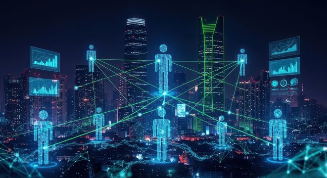 Digital figures connected by networks overlaying a city skyline at night