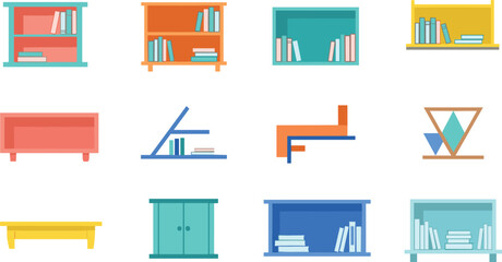 Colorful furniture with books on shelves bookshelves shelf © MstFerdausi