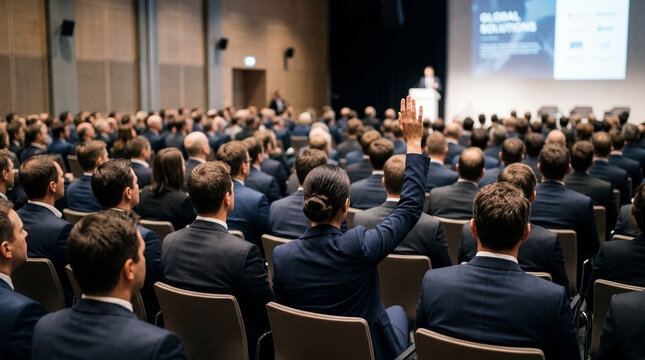 大勢のスーツを着た男女がイスに座りながらミーティングを聞いており、勇気を持って質問をするべく1人手を上げるビジネスウーマンの後ろ姿の写真