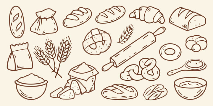 Hand drawn illustration of various breads wheat and baking tools
