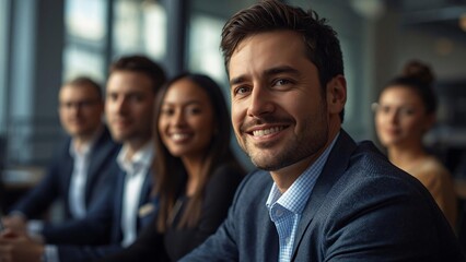 Obraz premium Confident businessman smiling in office meeting, diverse professional team in corporate workspace, successful business people collaborating