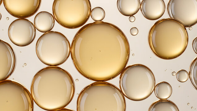 Golden cosmetic oil droplets macro texture luxury skincare serum bubbles background