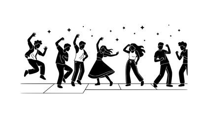 Obraz premium Dance floor party silhouettes with young men and women dancers and star elements flat vector nightlife scene