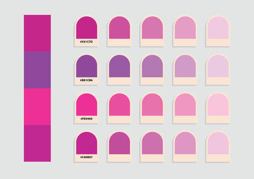 Professional pink and purple color palette, 20 gradient swatches with hex codes, minimalist branding moodboard for graphic design and digital marketing