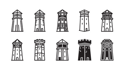 Fototapeta premium Collection of Tower Icons Various Styles Outline and Silhouette Isolated