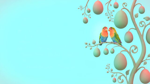 Two Lovebirds Perching on a Stylized Tree with Egg-Shaped Fruit