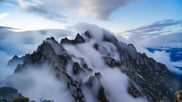 A breathtaking mountain range shrouded in misty clouds under a vibrant blue sky